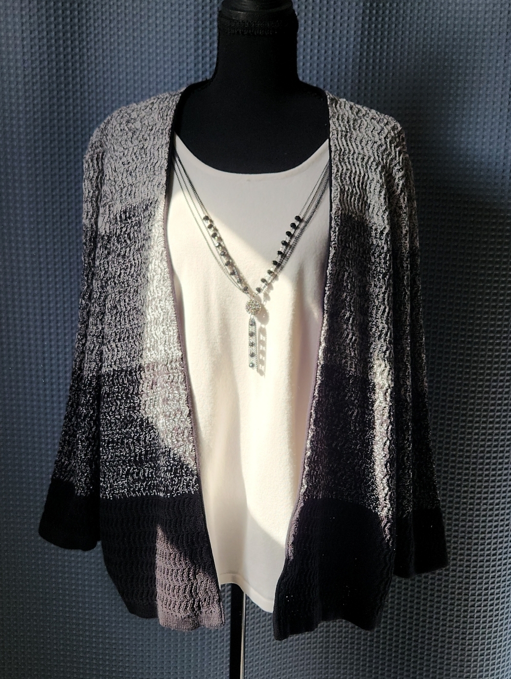 Alfred Dunner Black And Grey Ombre Knit Cardigan W/ Attached White Blouse